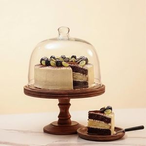 Acacia Wood Cake Stand with Glass Dome <b>Brown</b> Handcrafted Cake Display Stand Multipurpose Serving Platter with Glass - Product Image 1