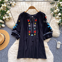 Blusas Bohemias de Verano de Manga Corta para Mujer, Camisas con Bordado Floral y Manga Farol, Tops Dulces para Mujer, Ropa al por Mayor