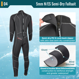 Combinaison semi-sèche professionnelle en néoprène N/ES 5 mm de qualité supérieure pour homme avec fermeture éclair dorsale et technologie double étanchéité, manches longues, OEM/ODM - Product Image 5