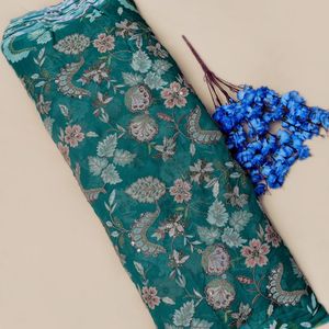 Deep <b>Emerald</b> Green Georgette Fabric High-Definition Threadwork Floral Vine Pattern Luxury Medium Weight Printed Silk for Wedding - Product Image 2