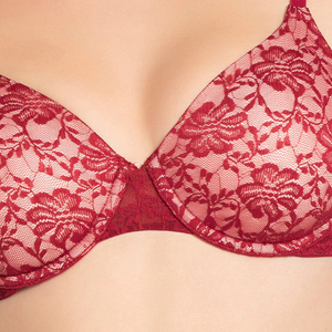 Conjunto de sujetador con aros y encaje floral rojo para mujer, copa 3/4, push-up, tirantes ajustables, espalda en Y, sin costuras, de punto, spandex y nailon - Product Image 4