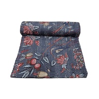 Selimut Kantha Katun Organik Beige Buatan Tangan Desain Bunga India Vintage Motif Burung Pipit Seprai King Size Selimut Musim Panas yang Modis
