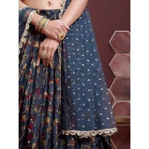 <b>Plus</b> <b>Size</b> Blue Printed Silk Lehenga Choli for Engagement Wear - Product Image 3