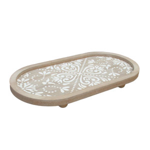 Plateau de service rond décoratif en bois de manguier, tendance du moment, avec finition or antique, base noire, art peint à la main multicolore - Product Image 5