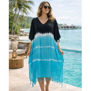 Caftán Largo de Viscosa con Estampado Tie-Dye, Diseño a Rayas, Ecológico, Cuello en V, Transpirable, Asimétrico - Product Image 1