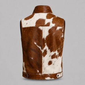 Gilet en cuir de vachette marron et blanc pour homme, col montant, décontracté, épais, patchwork, en cuir véritable, simple boutonnage, avec poches - Product Image 3