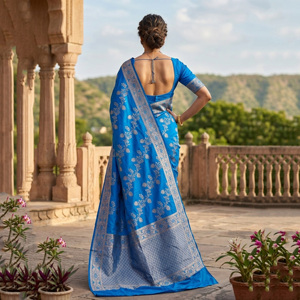 Sari en soie Banarasi bleu royal, design tissé riche en Zari |   Tenue Traditionnelle Indienne pour Diwali, Cérémonies et Fêtes, Infroissable et Séchage Rapide - Product Image 3