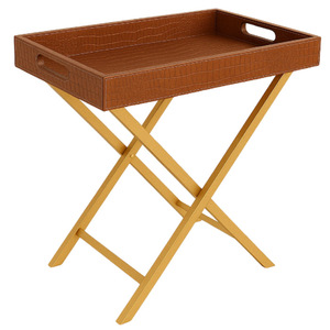 Bandeja Plegable de Cuero PU con Soporte Metálico, Mesas Auxiliares de Cuero Marrón y Bronceado - Product Image 2
