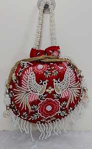 Traditional Indian Fashion Women's Mini Potli <b>Bag</b> Peacock Embroidery Pearl Decoration 9x9 Inches Drawstring Closure High Quality - Product Image 2