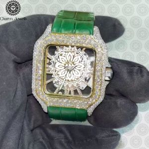 Montre mécanique de luxe Charm Jewels en acier inoxydable, boîtier carré 40 mm, bracelet en cuir vert, accents de diamants, mode masculine, date automatique - Product Image 1