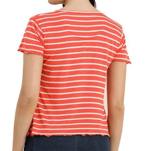 Camiseta a rayas con cuello redondo para mujer, manga corta, rayas horizontales informales teñidas con hilo, cuello redondo con apliques en diferentes colores - Product Image 3