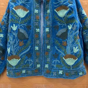 Chaqueta de Terciopelo Bordada para Mujer, Estilo Vintage, Floral, Boho, Azul, Prenda Exterior de Estilo Étnico - Product Image 4