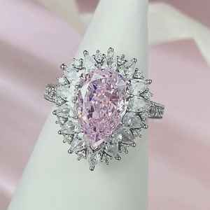 Anillo de Diamantes con Zafiro Rosa Cultivado en Laboratorio, Corte Pera, con Halo, para Mujer, Oro Blanco de 18K, Chapado en Rodio, Estilo Clásico, para Boda, Propuesta de Matrimonio, Fiesta - Product Image 2