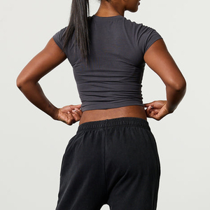 Women <b>Crop</b> <b>Top</b> Crew Neck Solid Color Knitted Cotton Casual Short Sleeve T-Shirt Breathable Fit - Product Image 4