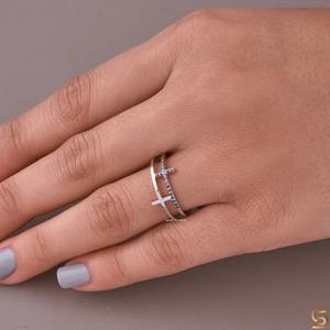 Anillo Cruzado de Moissanita Negra, Oro Sólido de 14K, Doble Banda, Anillo Minimalista de Fe, Joyería Religiosa, Satani Brothers - Product Image 1