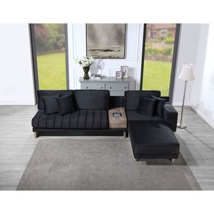 Divano Sezionale Reversibile Memphis 122.5"W in Velluto Nero con Contenitore Ottomana, Cassetto e Prese USB per Soggiorno - Product Image 3