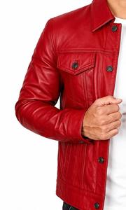 Unisex <b>Red</b> Genuine <b>Leather</b> <b>Jacket</b> Stand Collar Single Breasted Casual Slim Fit Winter Regular Sleeve Solid Color Front Windproof - Product Image 4