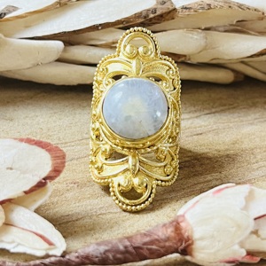 Bagues tendance en pierre de lune, bague tribale en laiton pour femme, plaquée or 18 carats, filigrane vintage, bague ethnique statement pour la vente en gros/OEM/ODM - Product Image 1