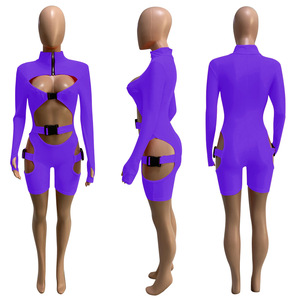Mono morado sexy de manga larga con cuello alto y aberturas para mujer, ajustado tipo bodycon, corto por encima de la rodilla, estilo skinny para club. - Product Image 3