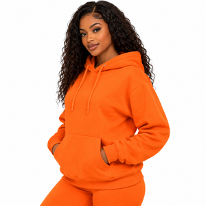 Women's <b>Orange</b> Solid 100% Cotton Lined Hoodie Drop Shoulder Pullover Sweatshirt Casual Long Sleeve Hooded Top Autumn <b>Hoodies</b> - Product Image 2