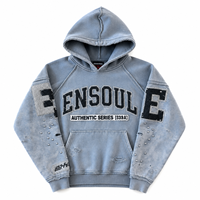 Sweat à capuche unisexe épais délavé à l'acide, style rétro décontracté urbain, avec patch brodé personnalisé et déchirures effet usé, marque privée