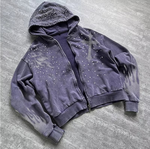 Sudadera con capucha para hombre, con cremallera completa, estilo Y2K gótico, con pedrería, lavado ácido, streetwear, oversize, 100% algodón polar, con logo personalizado, para invierno - Product Image 6