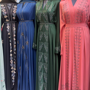 Hot sale Modest Dubai Beaded Sequined Long Sleeve <b>Abaya</b> Muslim Traditional Handmade Wedding Women Polyester Breathable V Neck - Product Image 1