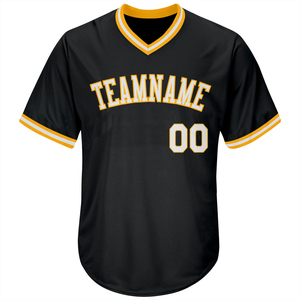 Maillot de baseball personnalisé noir col en V avec bordure jaune et blanche, nom d'équipe, numéro 00, motif patchwork anti-humidité, nom personnalisé - Product Image 1