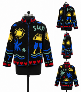 Black Velvet Mandarin Collar Jat With Sun Palm Embroidery Full Sleeve Zipper Closure Women's Summer Outerwear - Product Image 2
