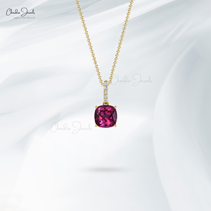 Modern Design 6mm Cushion Cut Rhodolite Garnet & 1mm Pave Diamond Dangling <b>Pendant</b> in 14K <b>Solid</b> <b>Gold</b> Hallmarked <b>Pendant</b> Jewelry - Product Image 6