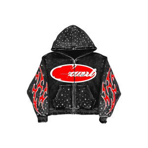 Ensemble de survêtement vintage personnalisé pour homme, style streetwear, délavé au soleil, avec broderie appliquée et strass, survêtement ample avec fermeture éclair et capuche - Product Image 2