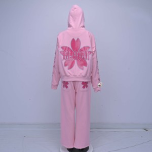 Ensemble de survêtement rose pour femme avec broderie florale, coupe ample, décontracté, sweat-shirt zippé et pantalon à motif floral - Product Image 4
