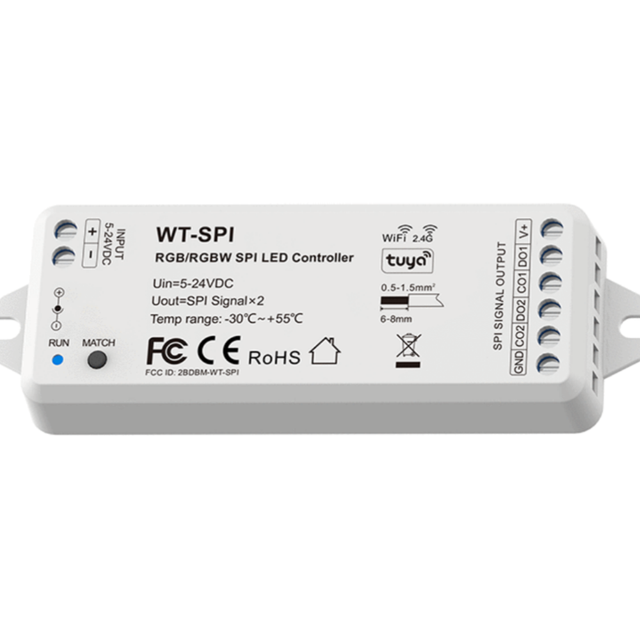 WT-SPI WiFi RGB/RGBW SPI 2-Channel 8A Common Anode 1W Static LED Controller Tuya Voice Control 5-Year Warranty