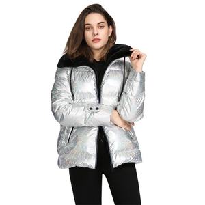 Silver Hooded Puffer <b>Jacket</b> With Faux Fur Lining Zipper Closure Windproof Winter Coat Casual Style Regular Fit - Product Image 1
