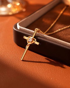 <b>Sterling</b> <b>Silver</b> Gold Plated <b>Cross</b> Heart Christian Charms Pendant with Moissanite Unisex Everyday Wear Religious Jewelry pendant - Product Image 2