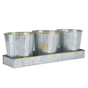 Ensemble de 3 pots à herbes rustiques en métal galvanisé, nervurés, pour plantes d'intérieur, avec plateau de drainage, pour cuisine, rebord de fenêtre, balcon - Product Image 1