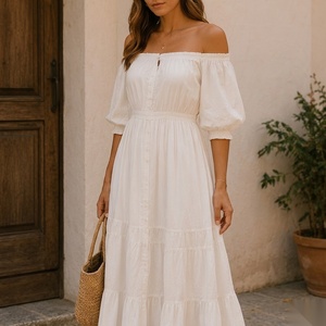 Off The Shoulder Maxi <b>Dress</b> With Puff Sleeves Elastic Waist <b>Boho</b> Style Rayon A-Line Loose Fit <b>Summer</b> Casual <b>Dress</b> - Product Image 2