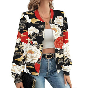 New <b>Womens</b> Woven Bomber <b>Jacket</b> Stylish Long Sleeve Lightweight Modern Casual Fashion Floral Print Customizable - Product Image 2