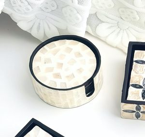 Handcrafted Round Mother of Pearl Inlay Coaster Set with <b>Matching</b> Storage <b>Box</b> Elegant Shell Drink Coasters for Coffee Table - Product Image 6