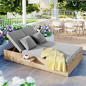 Lettino Prendisole Doppio da Esterno in Rattan Intrecciato con Schienale Regolabile, Set Conversazione per 2 Persone, Sedie a Sdraio - Product Image 1