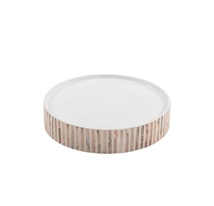Captivating mother of pearl <b>cake</b> <b>stand</b>, cream striped wooden shallow platter <b>set</b> with white base for events - Product Image 3