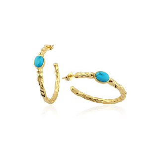 Designer Ethnic 18k Gold Plated Bezel Setting Oval Multiple Stone Hoop <b>Earrings</b> Hammered Texture Push <b>Back</b> Closure High Quality - Product Image 3