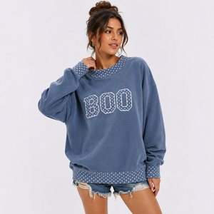 Sudadera Oversize de Halloween para Mujer con Bloques de Color y Ribete de Puntos, Cuello Redondo, Estilo Pullover, Atuendo Multicolor Espeluznante para Otoño e Invierno - Product Image 1