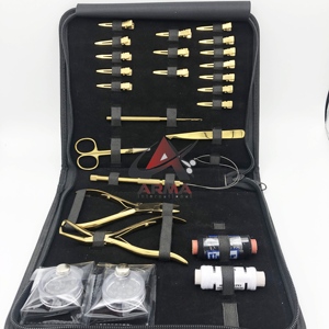 Kit professionnel d'extensions capillaires : Pince à plasma dorée, Ciseaux à boucles, Petites pinces, Pince à sourcils, Fils, Micro-anneaux avec logo - Product Image 1