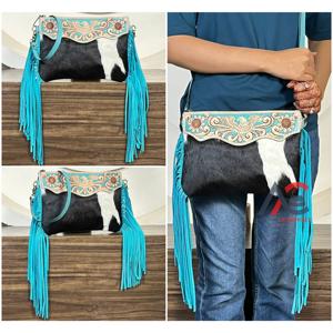 Hair on Cowhide Leather Crossbody Shoulder Bags With Fringes New Boho Style Tooled Turquoise Leather Women's Purse Gift for Her - Product Image 1