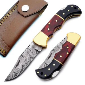 Dustline Commodities Custom Handmade High Quality Damascus Steel Camping Folding <b>Knife</b> with Red & Black Pakka Wood Back <b>Lock</b> - Product Image 1