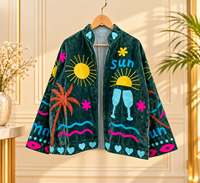 Veste en velours vert foncé brodée pour femme avec motif palmier soleil, manches longues, col montant, vêtement d'extérieur pour les vacances d'été