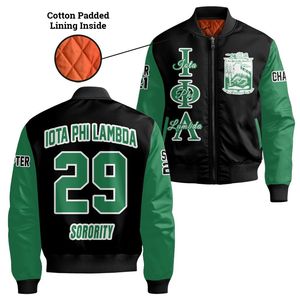 Chaqueta Bomber Personalizada para Mujer Iota Phi Lambda, Negra y Verde Esmeralda, con Escudo de Letras Griegas en la Parte Delantera y Trasera, con Cierre de Cremallera - Product Image 4