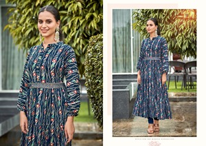 À la mode rayonne évasée longue Anarkali Kurtis pour les femmes 14KG feuille impression broderie ceinture disponible différentes tailles pour indien - Product Image 2