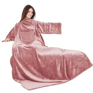 100% POLYESTER HIGH QUALITY COZY WEARABLE FLEECE TV BLANKET WITH SLEEVES AND KANGAROO PINK PACKED IN A GIFT BOX WHOLESALE